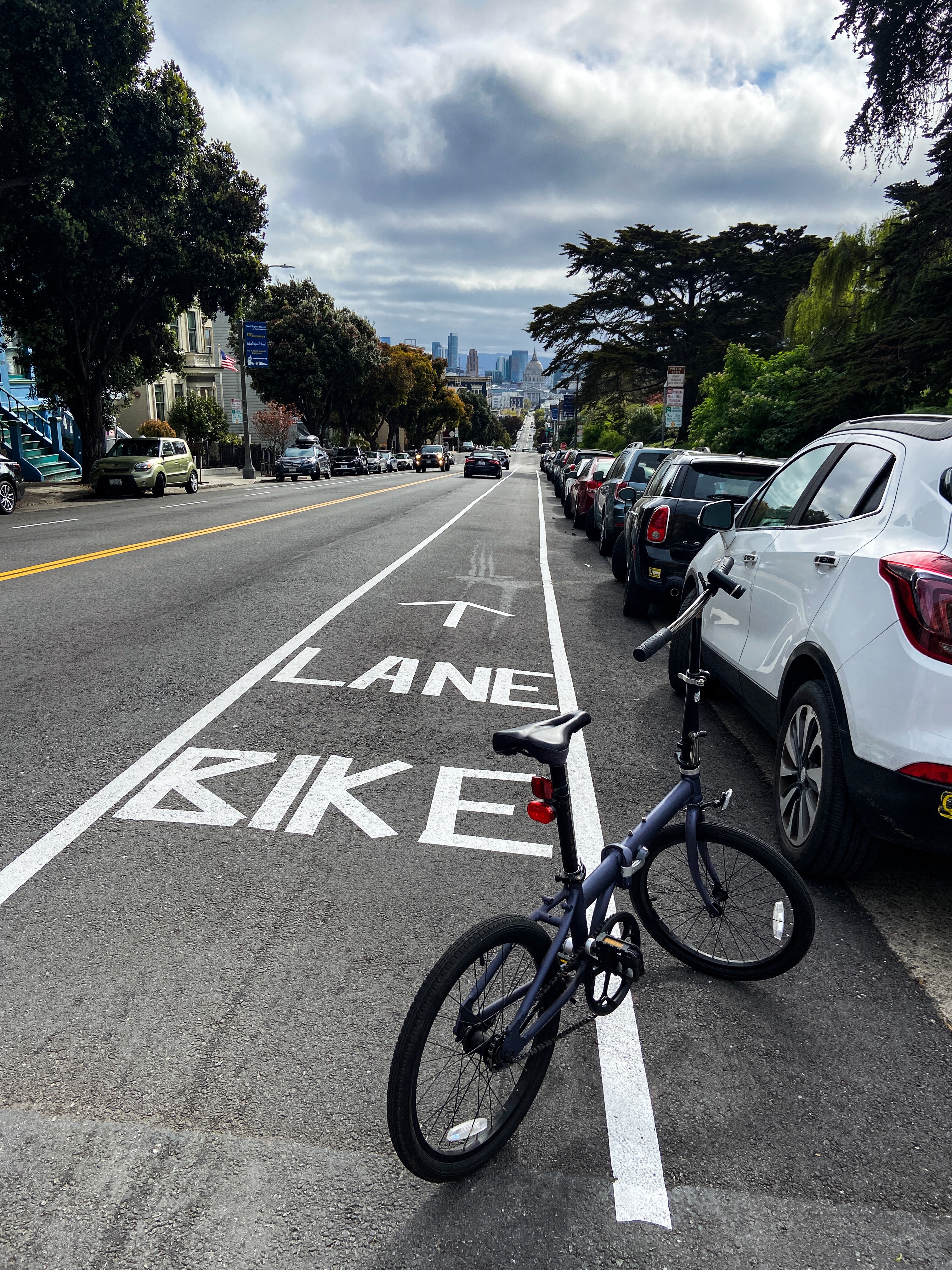 Beautiful folding bike in front of downtown San Francisco