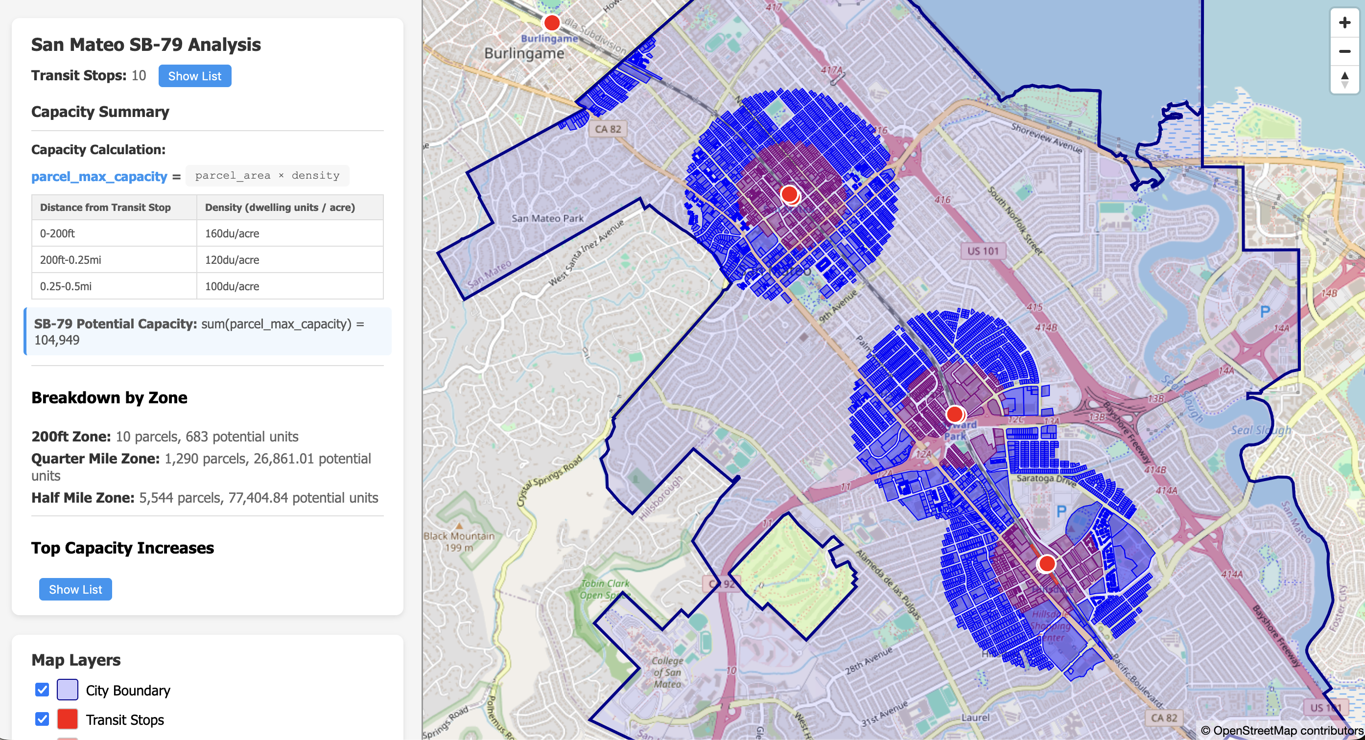 Parcel-level map of SB 79 capacity around a Peninsula transit stop, with concentric zones at 200 feet, a quarter mile, and a half mile shaded by allowed density.