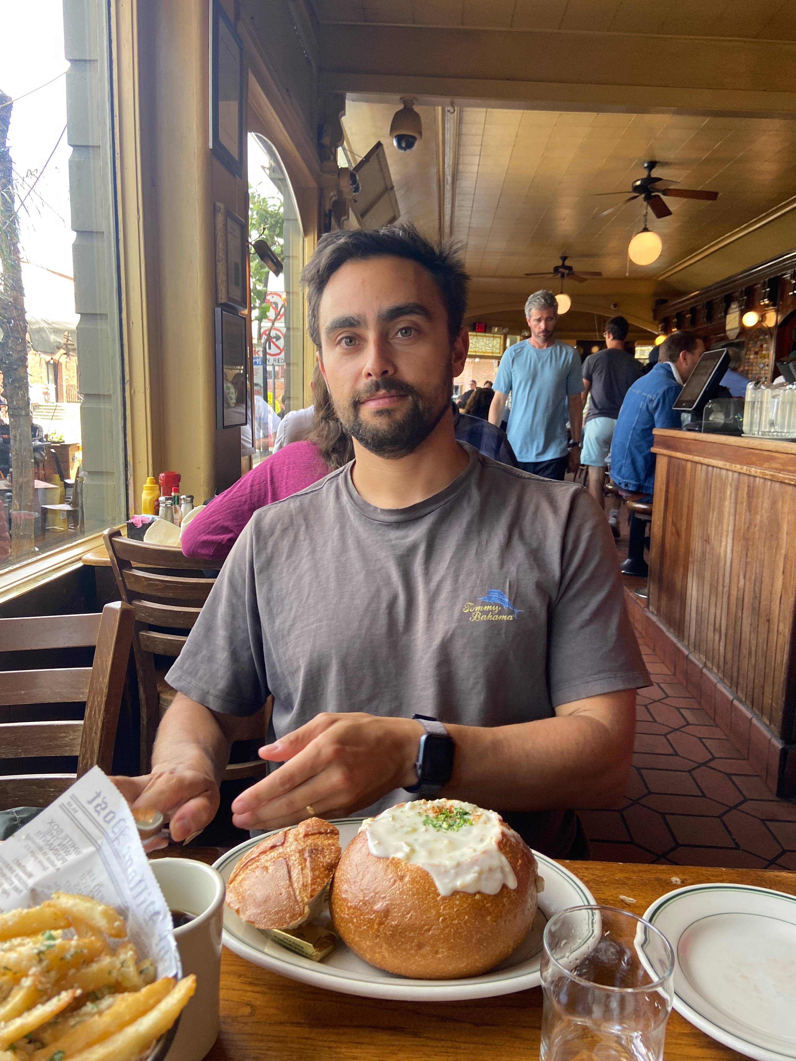 Max eating clam chowder and garlic fries