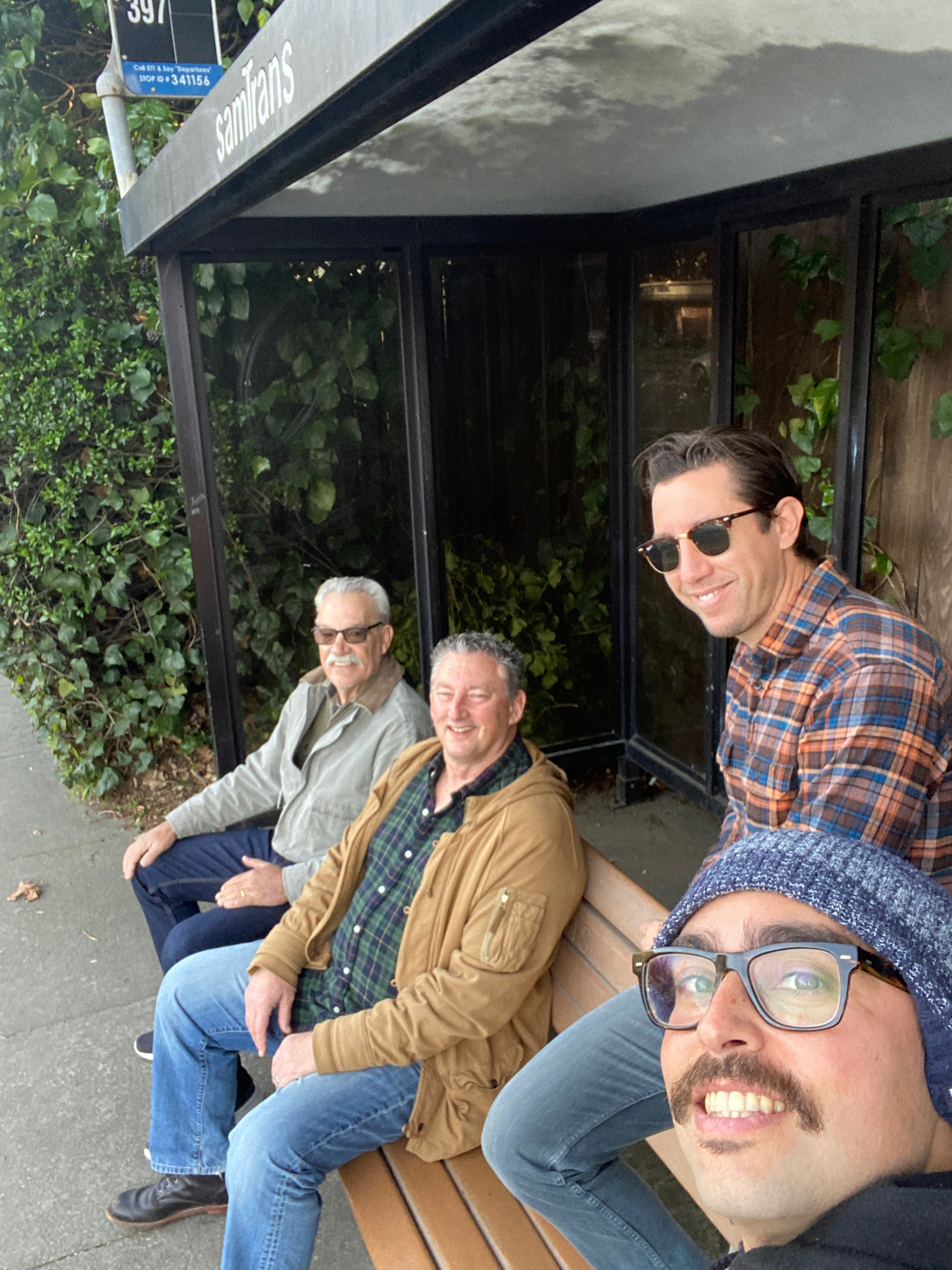 Mike, Max & 2 more neighbors waiting at a Samtrans bus stop