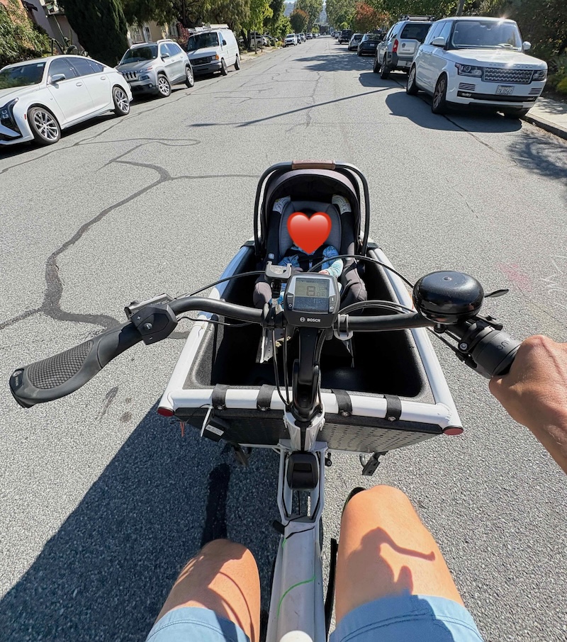 infant in an Urban Arrow cargo bike with carseat adapter