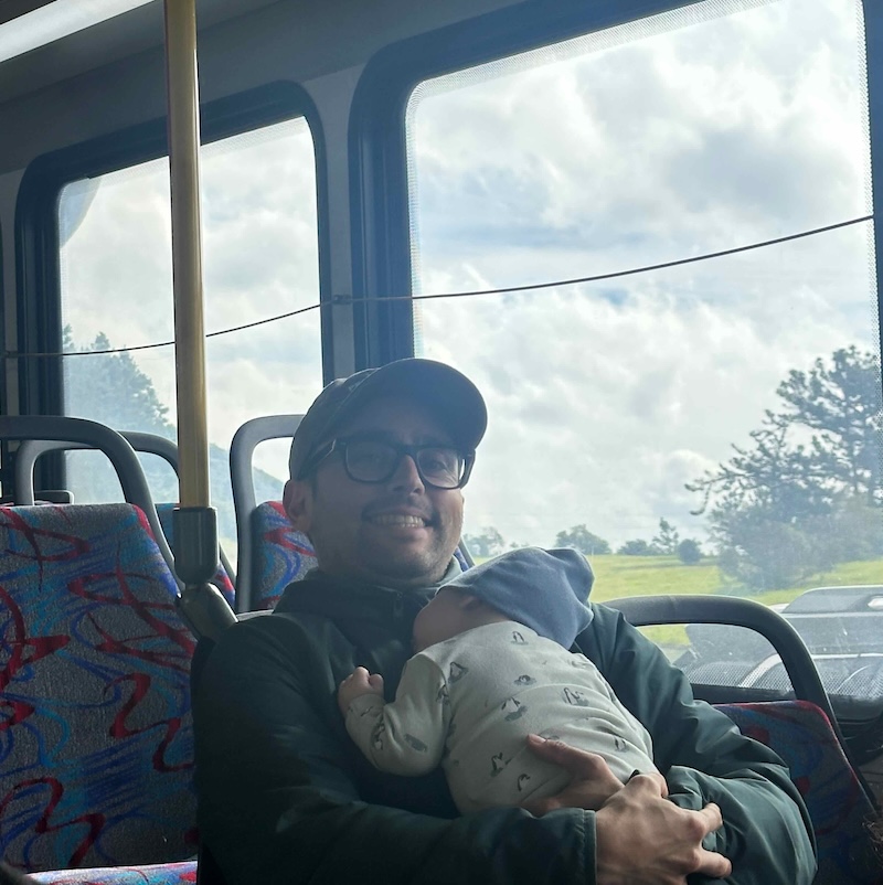 father and son on the bus