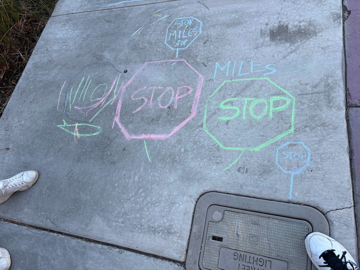 Chalk drawings of stop signs on the sidewalk at the corner