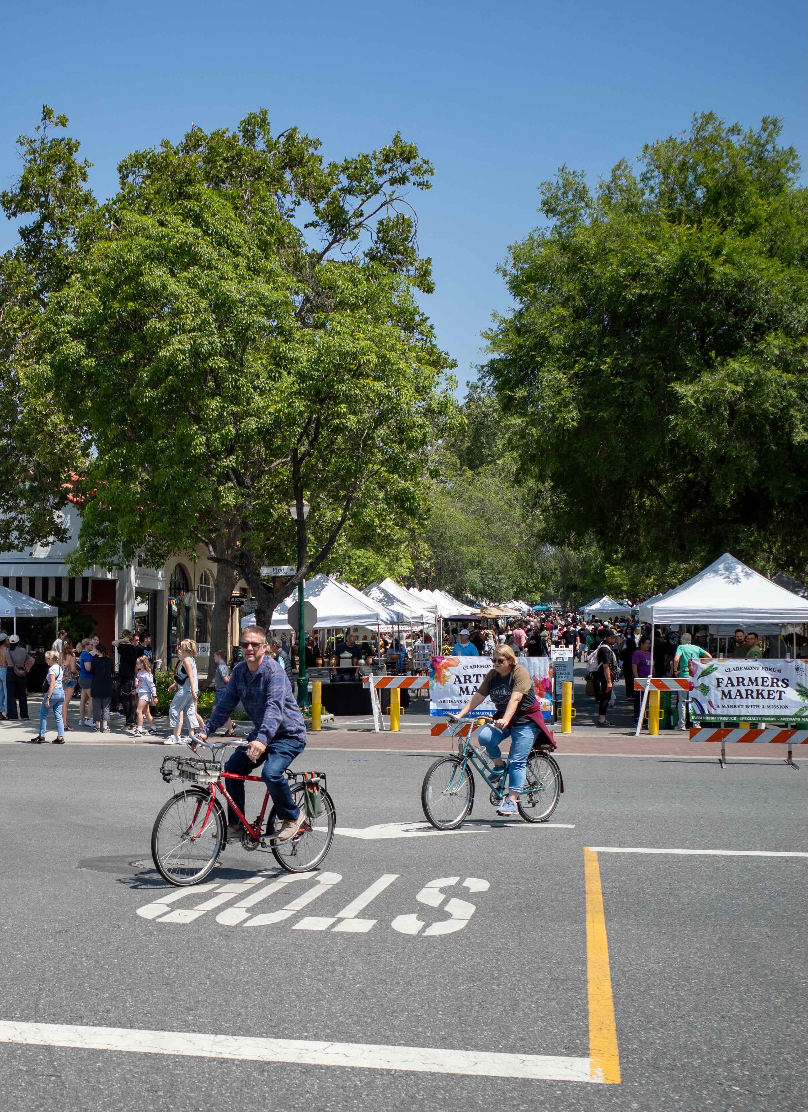 Cyclists arriving at the Claremont farmers market